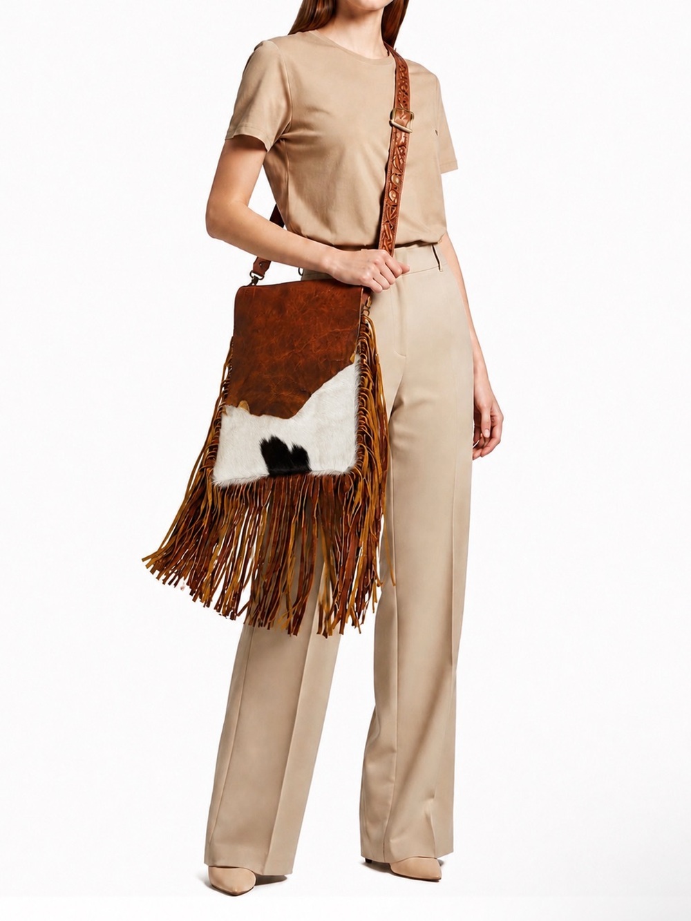 American Darling Hair-On Hide Leather Western Messenger Fringe Bag BNWT